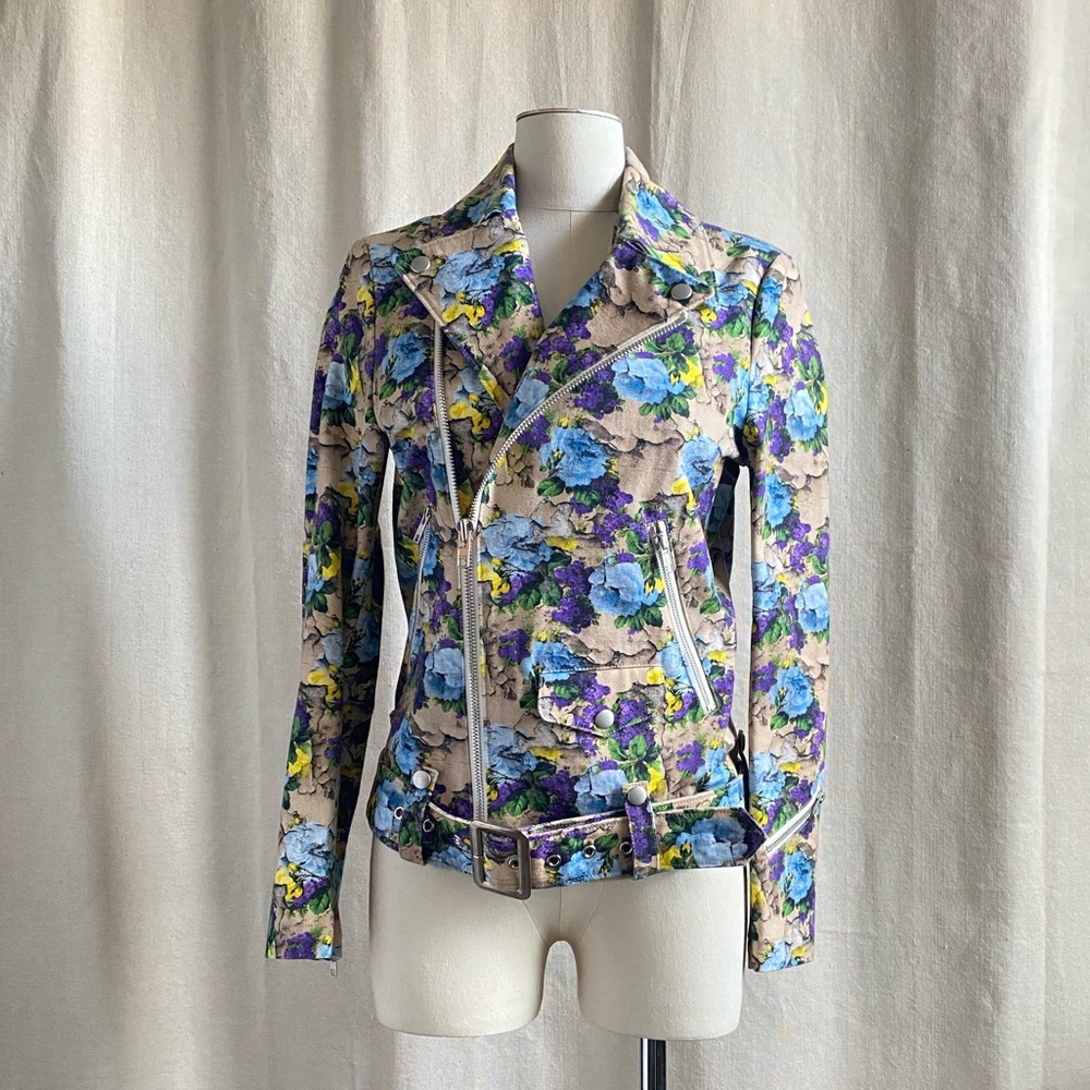 MSGM made in ITALY sz 40 (US 4/S) floral Moto biker jacket tan purple yellow